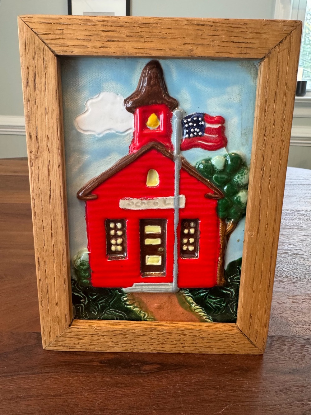 VTG Handmade Pottery 3D TILE Red Schoolhouse Folk Art Framed School Teacher